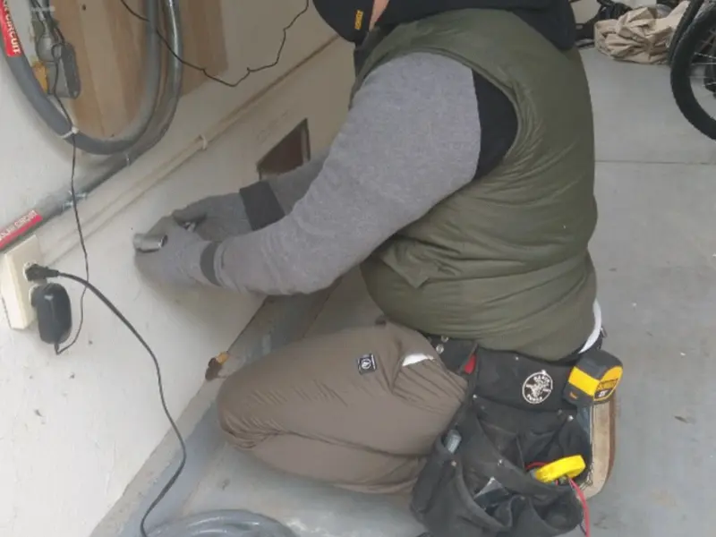 Electrician performing outlet wiring in a Strongsville garage
